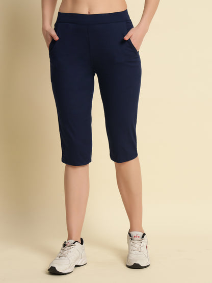 Blue Cotton Lycra Capri