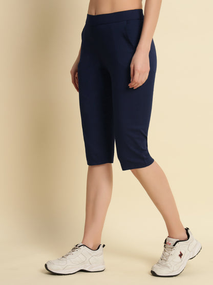 Blue Cotton Lycra Capri