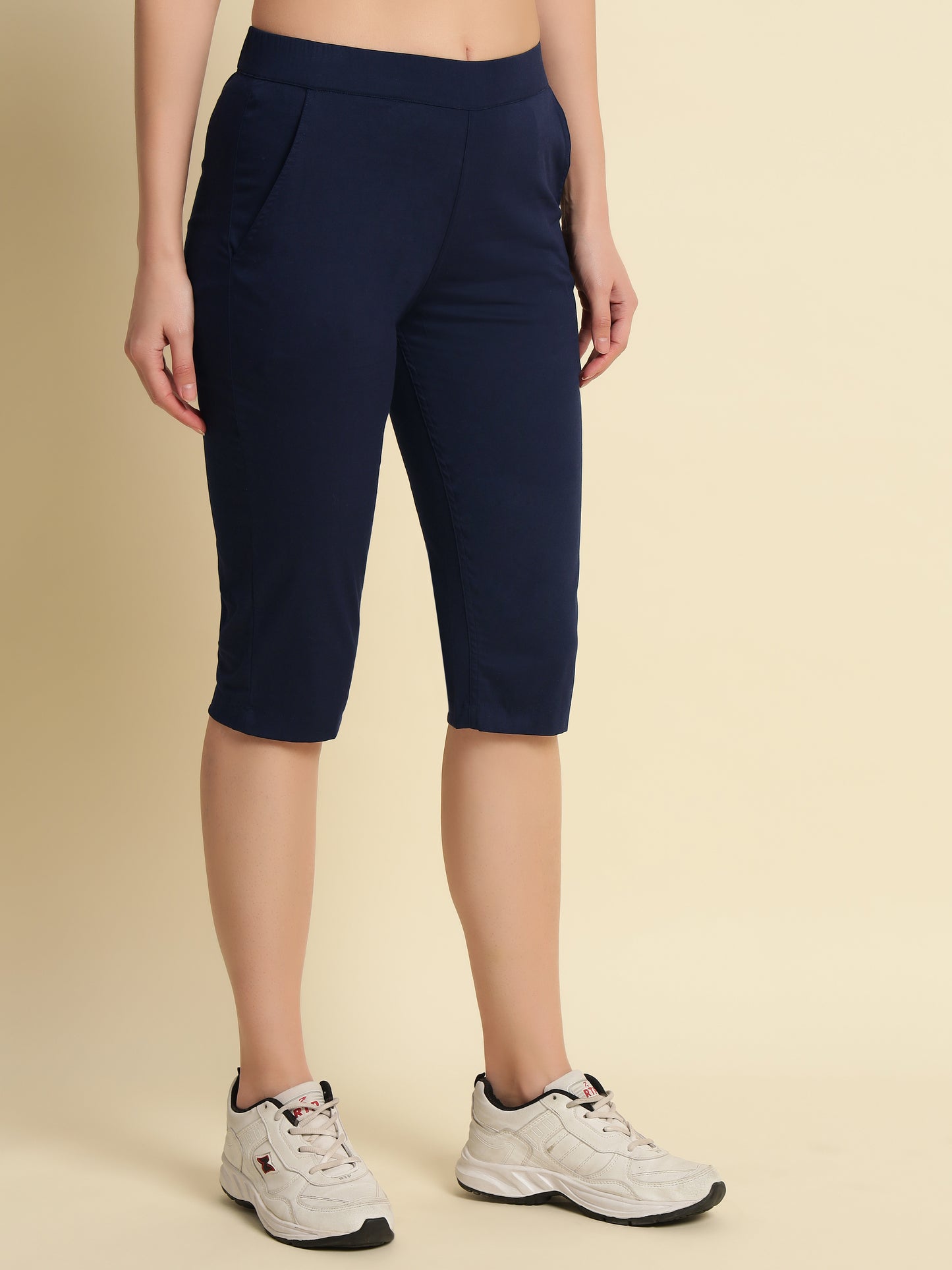 Blue Cotton Lycra Capri