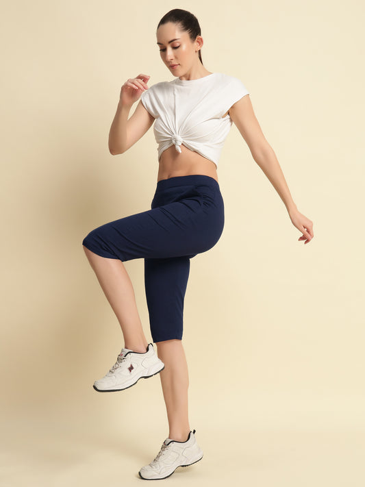 Blue Cotton Lycra Capri