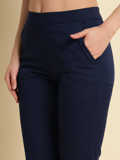 Blue Cotton Lycra Capri