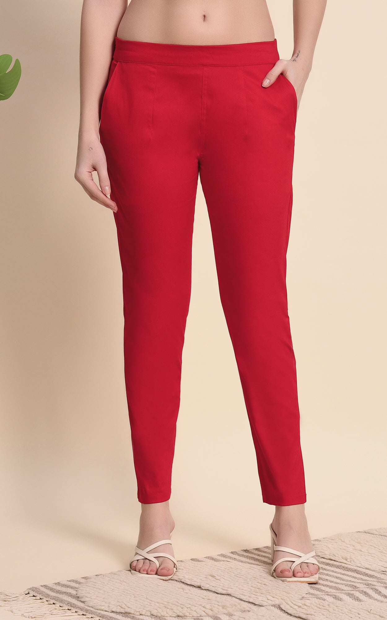 Red Cotton Lycra Pants