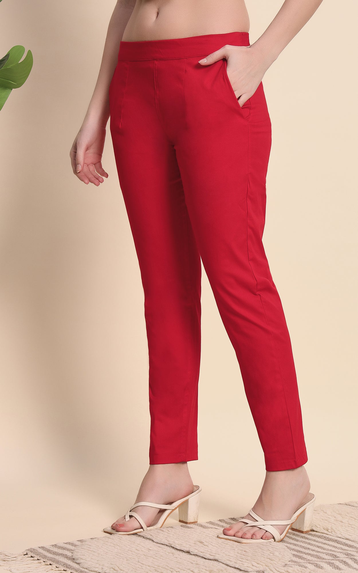 Red Cotton Lycra Pants
