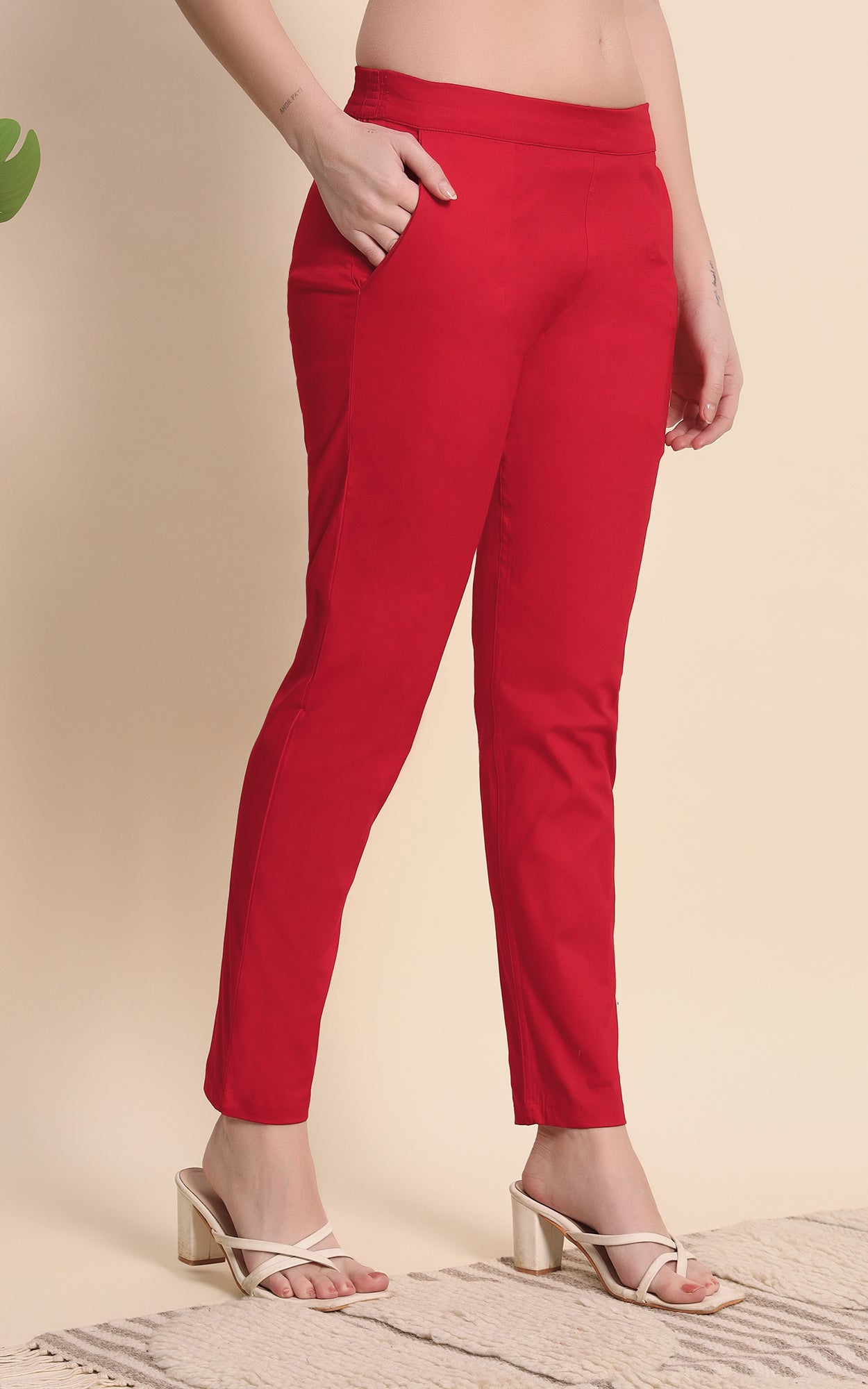 Red Cotton Lycra Pants