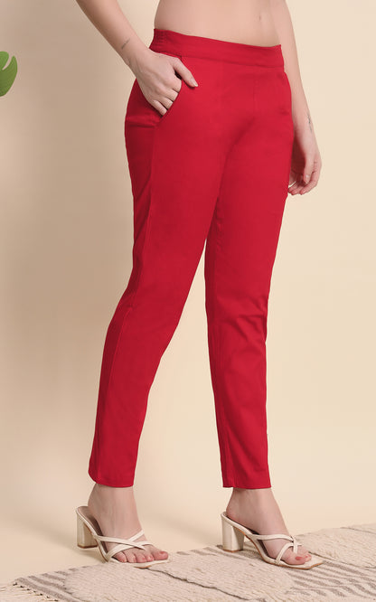 Red Cotton Lycra Pants