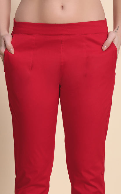 Red Cotton Lycra Pants