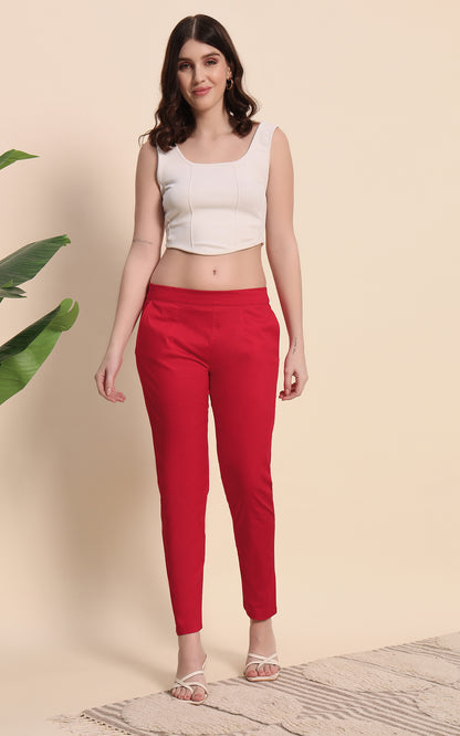 Red Cotton Lycra Pants