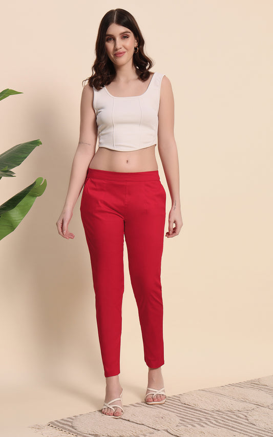 Red Cotton Lycra Pants